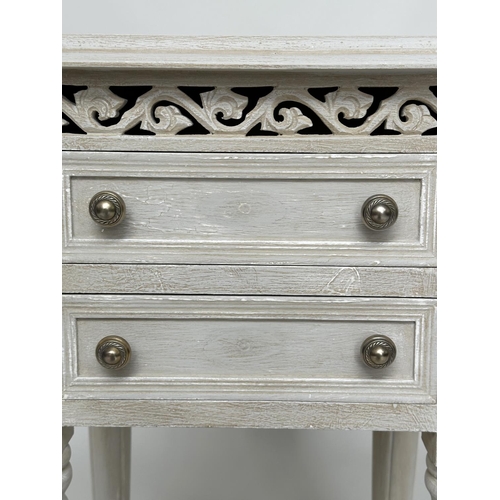 452 - BEDSIDE CHESTS, a pair, French traditionally grey painted each with two drawers and pierced frieze, ... 