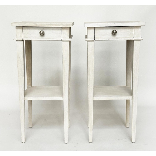 454 - LAMP TABLES, a pair, grey painted each with one drawer and undertier, 35cm x 35cm x 73cm H. (2)