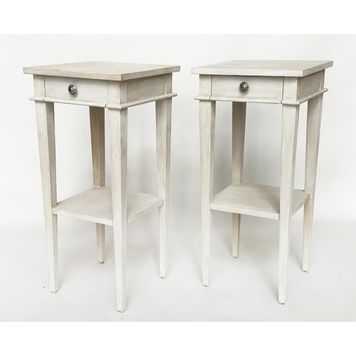 454 - LAMP TABLES, a pair, grey painted each with one drawer and undertier, 35cm x 35cm x 73cm H. (2)