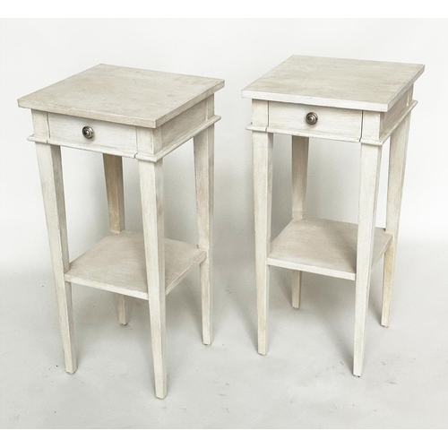 454 - LAMP TABLES, a pair, grey painted each with one drawer and undertier, 35cm x 35cm x 73cm H. (2)