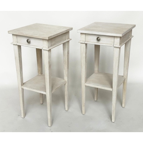 454 - LAMP TABLES, a pair, grey painted each with one drawer and undertier, 35cm x 35cm x 73cm H. (2)