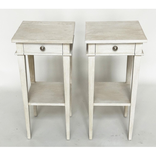 454 - LAMP TABLES, a pair, grey painted each with one drawer and undertier, 35cm x 35cm x 73cm H. (2)