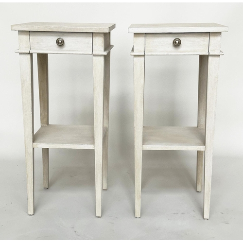 454 - LAMP TABLES, a pair, grey painted each with one drawer and undertier, 35cm x 35cm x 73cm H. (2)