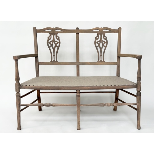 456 - HALL SEAT, early 20th century Edwardian bleached with pierced splat back and studded linen upholster... 