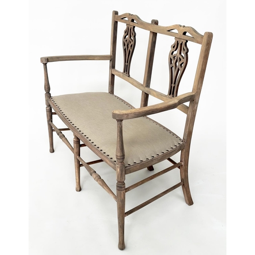 456 - HALL SEAT, early 20th century Edwardian bleached with pierced splat back and studded linen upholster... 