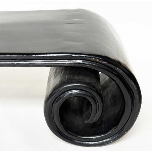 457 - LOW TABLE/COCKTAIL TABLE, Chinese black lacquered with full scroll ends, 190cm x 50cm x 39cm H.