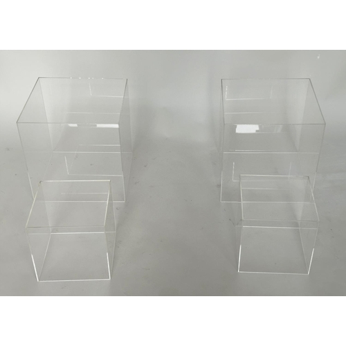 458 - LUCITE OCCASIONAL TABLES, a pair, square/cube form together with a smaller pair, larger 30cm, smalle... 