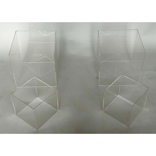 458 - LUCITE OCCASIONAL TABLES, a pair, square/cube form together with a smaller pair, larger 30cm, smalle... 