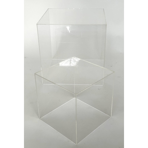 458 - LUCITE OCCASIONAL TABLES, a pair, square/cube form together with a smaller pair, larger 30cm, smalle... 