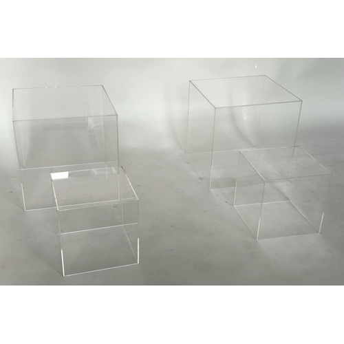 458 - LUCITE OCCASIONAL TABLES, a pair, square/cube form together with a smaller pair, larger 30cm, smalle... 