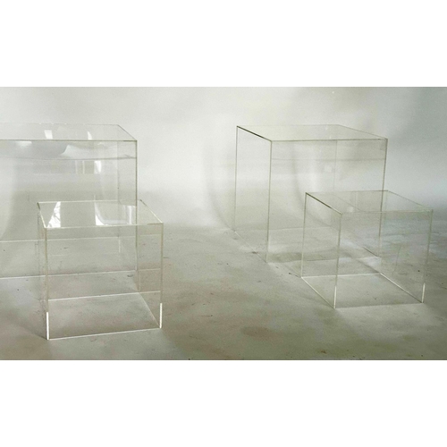 458 - LUCITE OCCASIONAL TABLES, a pair, square/cube form together with a smaller pair, larger 30cm, smalle... 