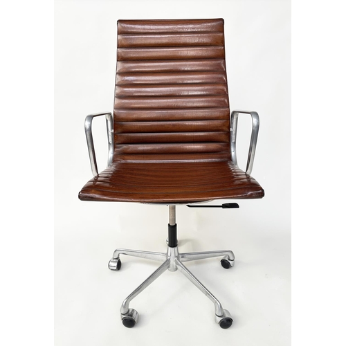 459 - AFTER CHARLES AND RAY EAMES ALUMINIUM GROUP STYLE CHAIR, with ribbed mid brown leather high back sea... 