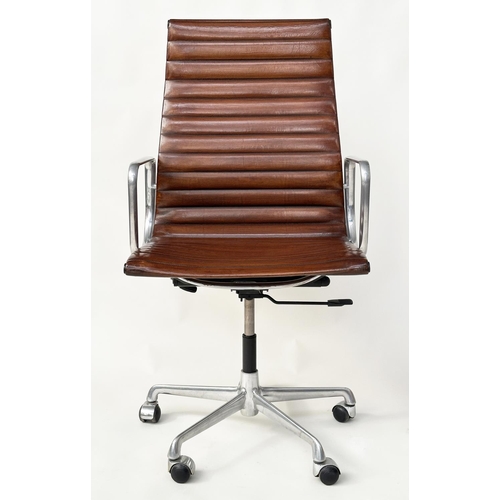 459 - AFTER CHARLES AND RAY EAMES ALUMINIUM GROUP STYLE CHAIR, with ribbed mid brown leather high back sea... 