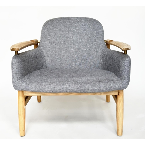 461 - ARMCHAIR, elm framed, with grey woven upholstery, 79cm W.