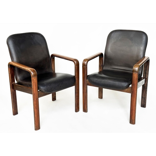 463 - DYRLUND ARMCHAIRS, a pair, mid 20th century Danish with stitched leather back and seats with teak su... 