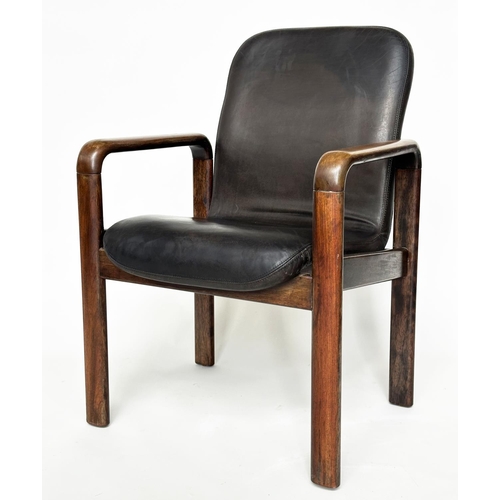 463 - DYRLUND ARMCHAIRS, a pair, mid 20th century Danish with stitched leather back and seats with teak su... 