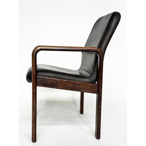 463 - DYRLUND ARMCHAIRS, a pair, mid 20th century Danish with stitched leather back and seats with teak su... 