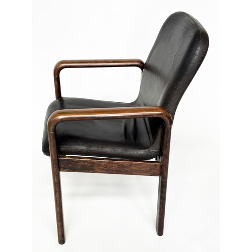 463 - DYRLUND ARMCHAIRS, a pair, mid 20th century Danish with stitched leather back and seats with teak su... 