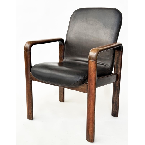 463 - DYRLUND ARMCHAIRS, a pair, mid 20th century Danish with stitched leather back and seats with teak su... 