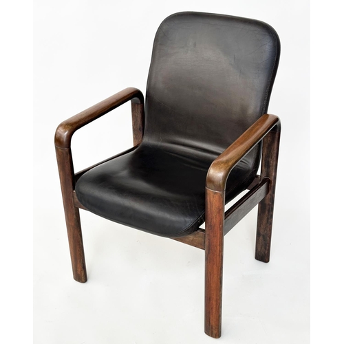 463 - DYRLUND ARMCHAIRS, a pair, mid 20th century Danish with stitched leather back and seats with teak su... 