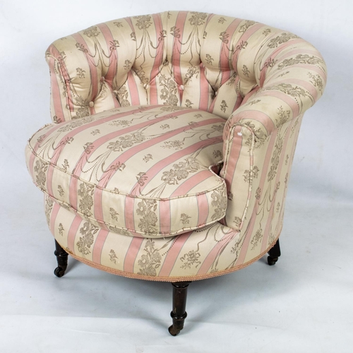 467 - BOUDOIR CHAIR, 65cm H x 73cm W, 19th century in striped upholstery on steel castors.