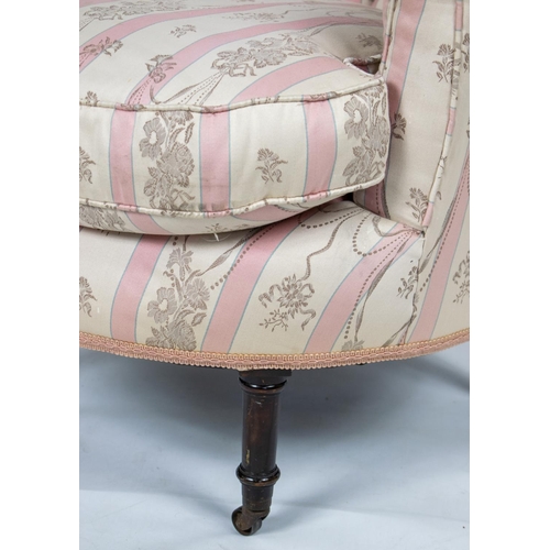 467 - BOUDOIR CHAIR, 65cm H x 73cm W, 19th century in striped upholstery on steel castors.