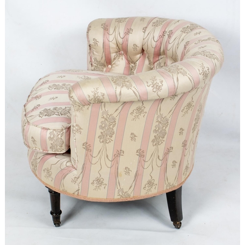 467 - BOUDOIR CHAIR, 65cm H x 73cm W, 19th century in striped upholstery on steel castors.