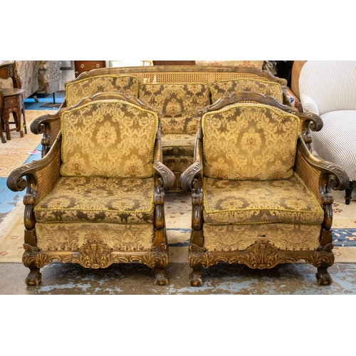 470 - BERGERE SUITE, early 20th century birch and double caned comprising a sofa, 85cm H x 197cm W and a p... 