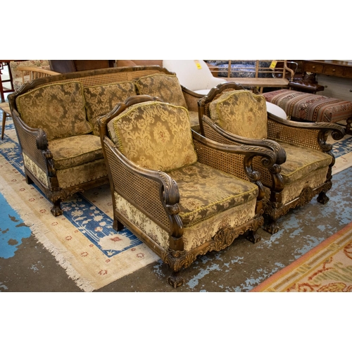 470 - BERGERE SUITE, early 20th century birch and double caned comprising a sofa, 85cm H x 197cm W and a p... 