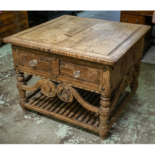 471 - CENTRE TABLE, 67cm H x 90cm W x 90cm D, Asian teak containing two drawers with glass handles.