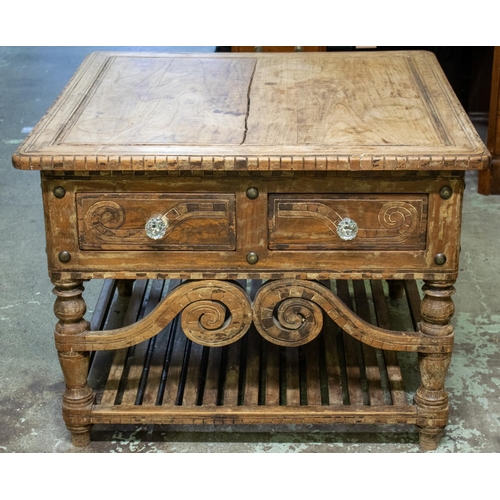 471 - CENTRE TABLE, 67cm H x 90cm W x 90cm D, Asian teak containing two drawers with glass handles.