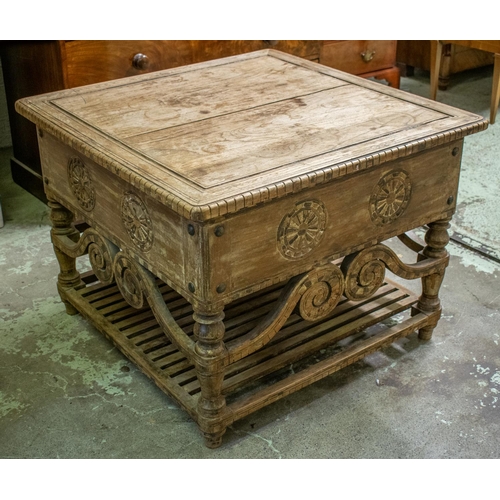 471 - CENTRE TABLE, 67cm H x 90cm W x 90cm D, Asian teak containing two drawers with glass handles.