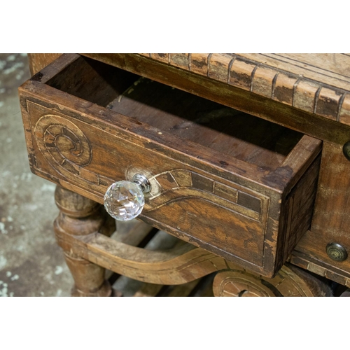 471 - CENTRE TABLE, 67cm H x 90cm W x 90cm D, Asian teak containing two drawers with glass handles.