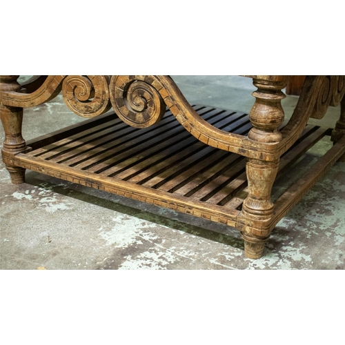 471 - CENTRE TABLE, 67cm H x 90cm W x 90cm D, Asian teak containing two drawers with glass handles.