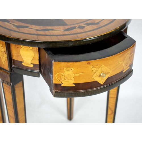 477 - CENTRE TABLE, 74cm H x 61cm W x 47cm D, Italian style marquetry with oval top and two end drawers.