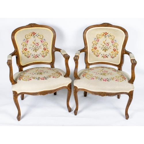 479 - FAUTEUILS, 88cm H x 61cm W, a pair, Louis XV style beechwood with needlework upholstery. (2)