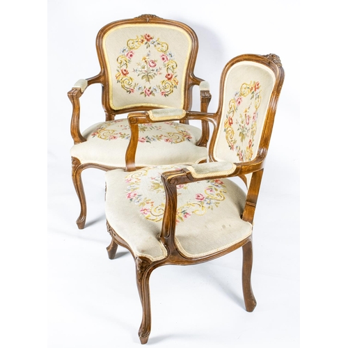 479 - FAUTEUILS, 88cm H x 61cm W, a pair, Louis XV style beechwood with needlework upholstery. (2)