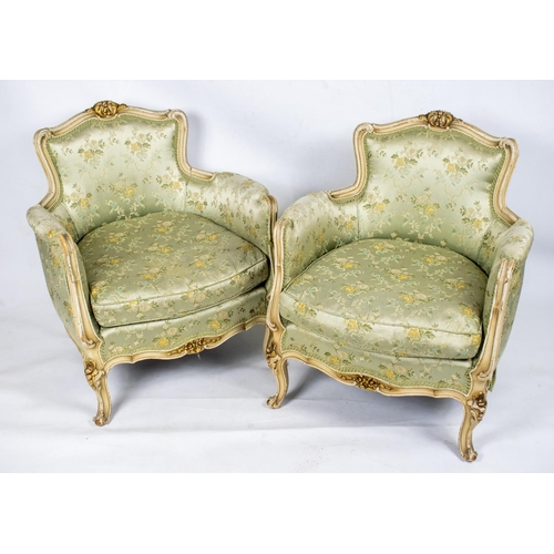 480 - BERGERES, 80cm H x 70cm W, a pair, Louis XV style painted and gilt heightened in green damask. (2)