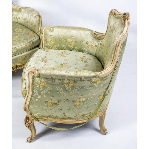 480 - BERGERES, 80cm H x 70cm W, a pair, Louis XV style painted and gilt heightened in green damask. (2)