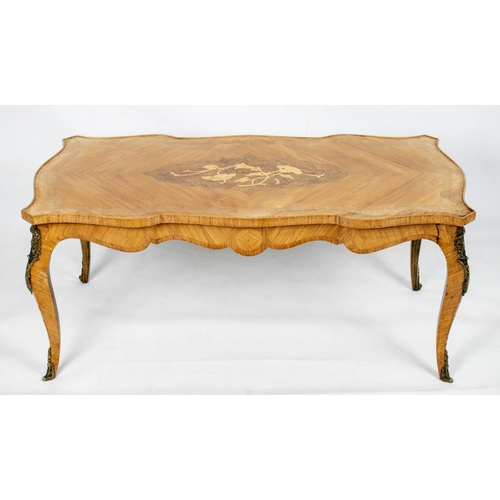 482 - LOW TABLE, 47cm H x 108cm W x 52cm D, early 20th century French tulipwood, thuya, marquetry and gilt... 