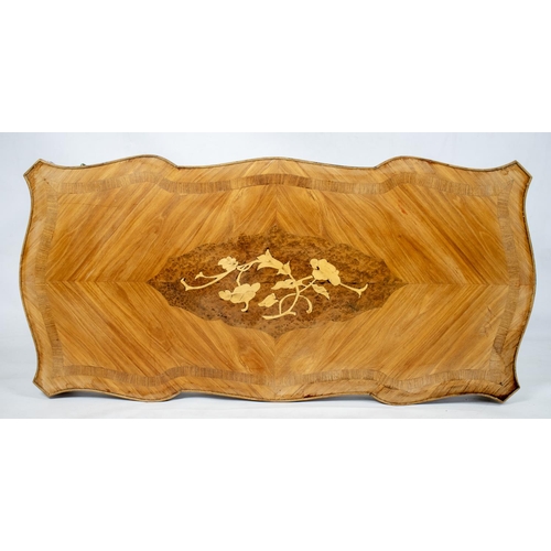 482 - LOW TABLE, 47cm H x 108cm W x 52cm D, early 20th century French tulipwood, thuya, marquetry and gilt... 