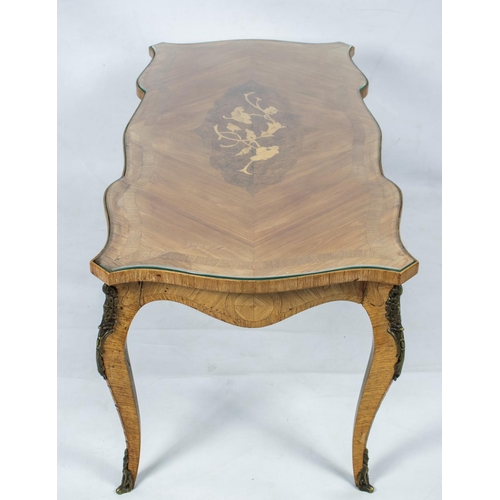 482 - LOW TABLE, 47cm H x 108cm W x 52cm D, early 20th century French tulipwood, thuya, marquetry and gilt... 