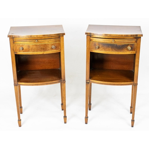 484 - BOWFRONT BEDSIDE TABLES, 76cm H x 40cm W x 29cm D, a pair, Georgian style mahogany and boxwood stron... 