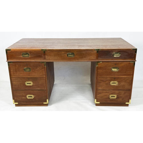 485 - CAMPAIGN STYLE PEDESTAL DESK, teak and brass bound, with an arrangement of seven drawers, 78cm H x 1... 