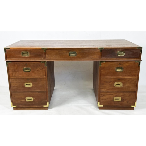 485 - CAMPAIGN STYLE PEDESTAL DESK, teak and brass bound, with an arrangement of seven drawers, 78cm H x 1... 