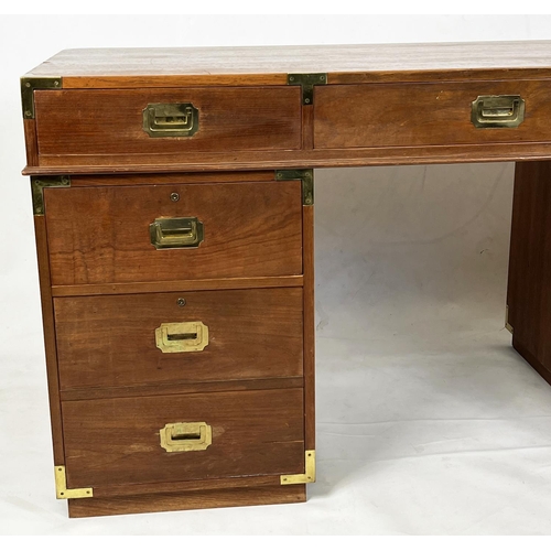 485 - CAMPAIGN STYLE PEDESTAL DESK, teak and brass bound, with an arrangement of seven drawers, 78cm H x 1... 