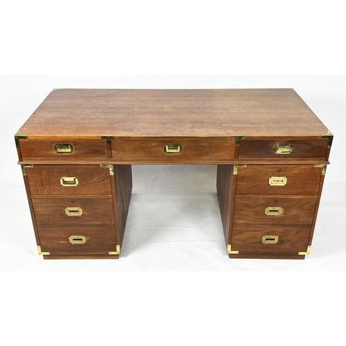 485 - CAMPAIGN STYLE PEDESTAL DESK, teak and brass bound, with an arrangement of seven drawers, 78cm H x 1... 