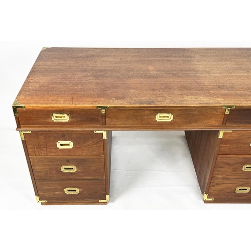 485 - CAMPAIGN STYLE PEDESTAL DESK, teak and brass bound, with an arrangement of seven drawers, 78cm H x 1... 