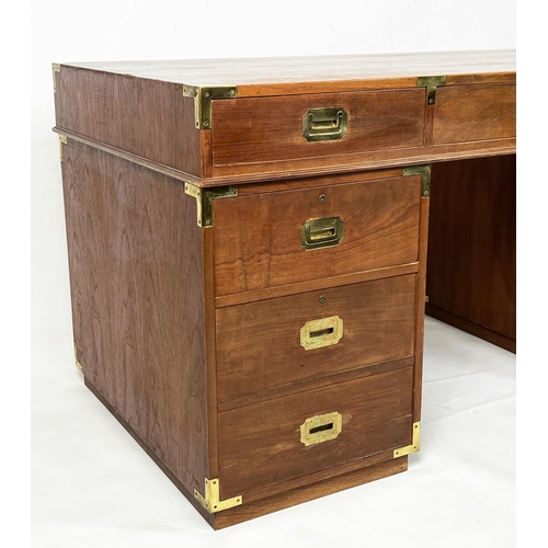 485 - CAMPAIGN STYLE PEDESTAL DESK, teak and brass bound, with an arrangement of seven drawers, 78cm H x 1... 