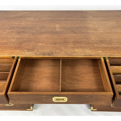 485 - CAMPAIGN STYLE PEDESTAL DESK, teak and brass bound, with an arrangement of seven drawers, 78cm H x 1... 